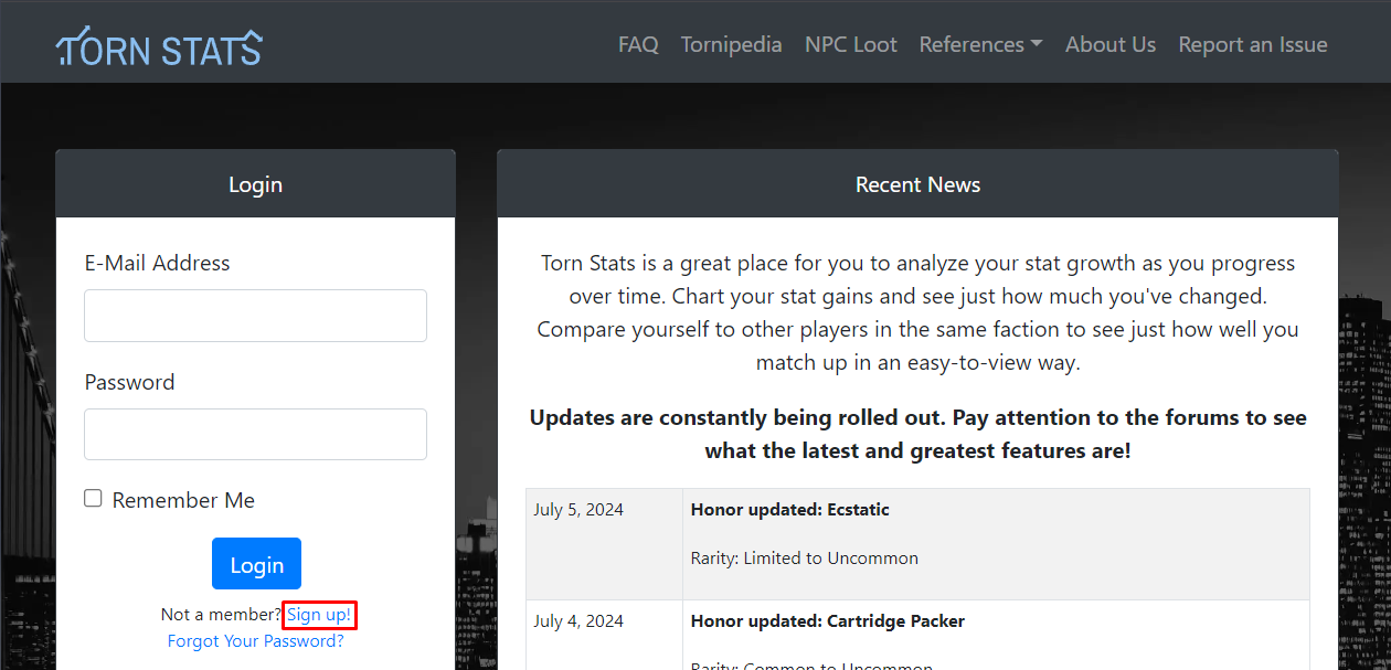Torn Stats login page
